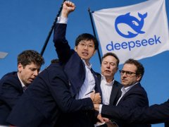 Four men in business attire celebrating in front of a blue DeepSeek flag, with one raising his fist triumphantly.