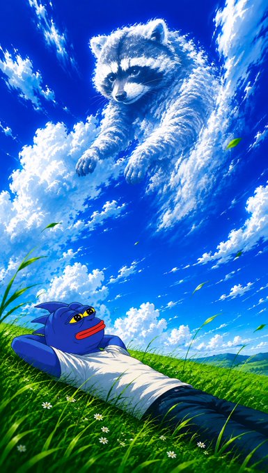 A blue creature rests peacefully in a grassy field beneath a vibrant sky where a massive cloud shaped like a fluffy raccoon looms overhead, watching over the scene. The image complements the post's theme of perseverance and victory, symbolizing watchful support and the looming success for the $Jimothy token.