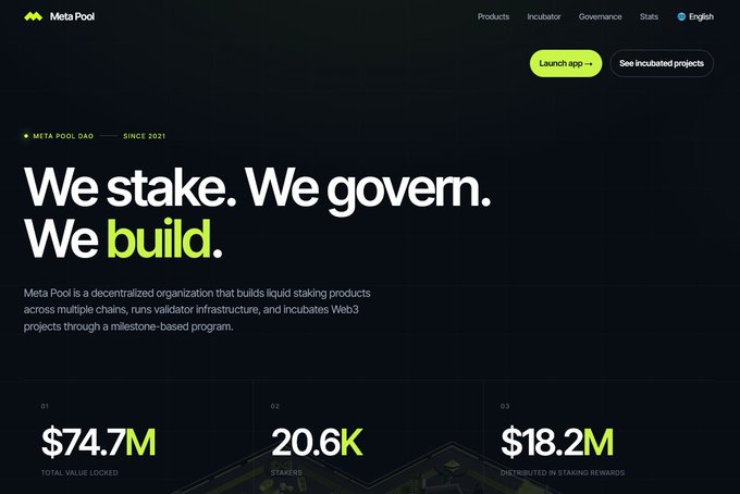 The image shows a screenshot of the website for @NEARProtocol, which appears to be a platform for liquid staking. The website has a dark background with white text that reads "We stake. We build." This message emphasizes the idea of investing in cryptocurrency and the process of building a cryptocurrency wallet or mining farm. The image also includes some numbers and text about the project's progress, such as $37M invested and $18M raised.