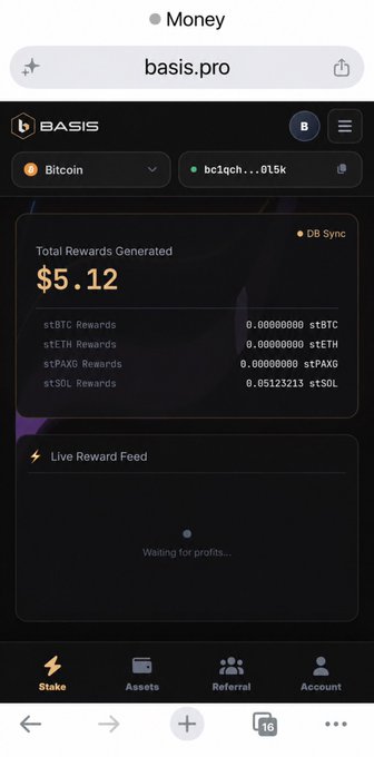 A mobile web browser screenshot of basis.pro showing Bitcoin staking rewards totaling $5.12, with stBTC, stETH, stPAXG, and stSOL reward balances on a dark theme interface.