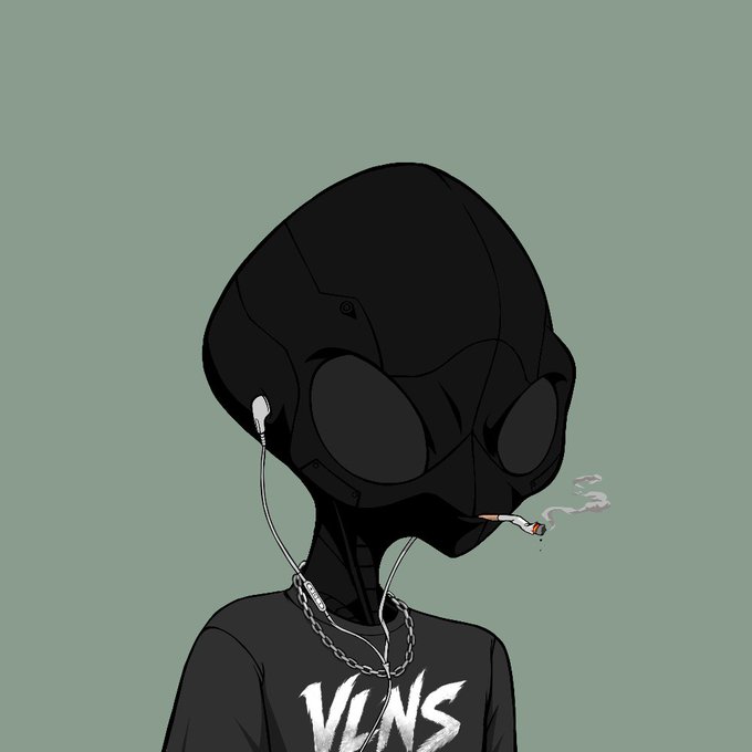 An illustration of a black extraterrestrial figure with large dark eyes, wearing white earbuds, silver chains, and a black shirt with 'VANS' written across it, holding a smoking cigarette against a muted green background.