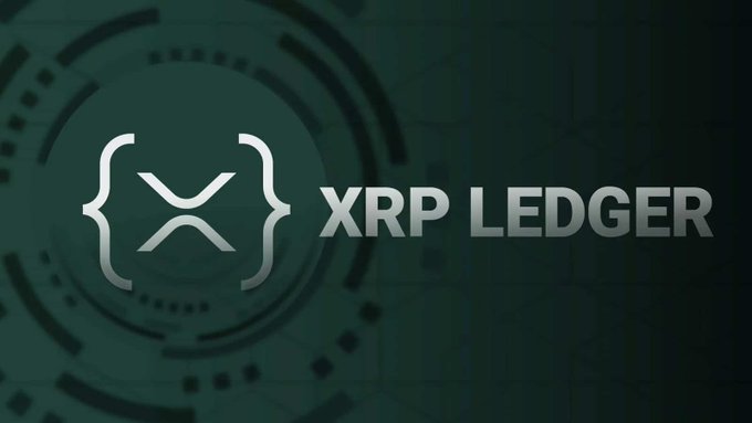 The image displays the XRP Ledger logo, featuring a stylized "X" within curly braces, alongside the text "XRP LEDGER" in metallic lettering against a dark, circular tech-inspired background. This visual branding aligns with the post about the upcoming xrpld 3.3.0 upgrade, highlighting the network's continued development and introduction of new amendments to enhance security and functionality.