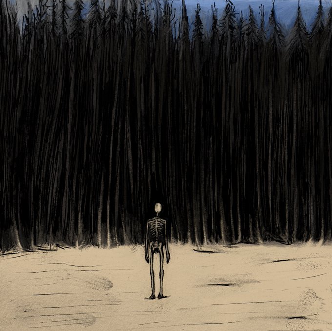 A dark illustration of a skeletal figure standing in a barren landscape before a dense wall of black, jagged forest under a dark blue sky.