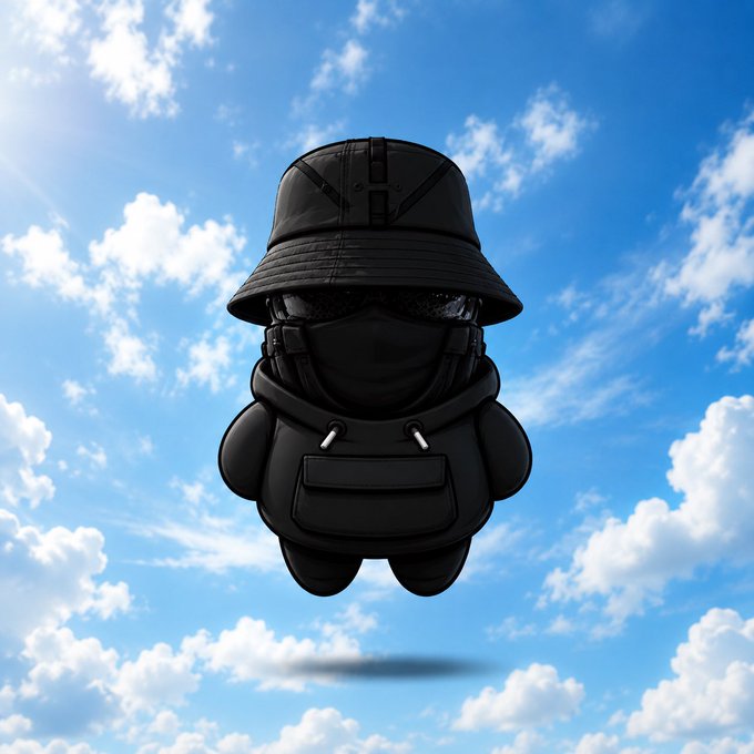 A 3D-rendered black character wearing a bucket hat, face mask, and hoodie floating against a blue sky with white clouds.