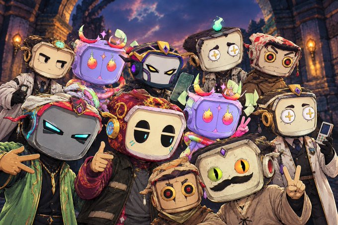 A group photo of NFT-style cartoon characters with blocky TV-headed figures wearing various costumes and accessories, posing together in front of a castle-like background.
