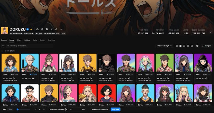 A screenshot of an NFT marketplace showing a collection named "DORUZU" with various anime-style character avatars priced in MATIC and APT.