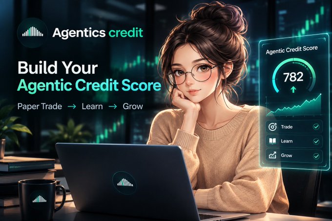 A promotional graphic for 'Agentics credit' features an anime-style woman with glasses at a laptop, advertising to 'Build Your Agentic Credit Score' through Paper Trade, Learn, and Grow, with a score of 782 displayed.