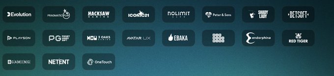 A teal background displaying a grid of 21 online casino game provider logos, including Evolution, Pragmatic Play, Hacksaw Gaming, NoLimit City, Play'n GO, PG Soft, AvatarUX, Red Tiger, NetEnt, and OneTouch.
