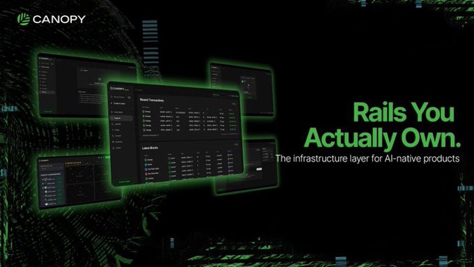 Promotional banner for Canopy, an infrastructure layer for AI-native products, featuring dark-themed software dashboard mockups and the tagline 'Rails You Actually Own.'
