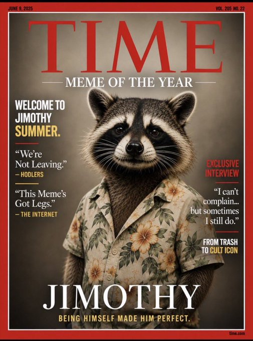 A fake TIME Magazine cover dated June 9, 2025 featuring 'JIMOTHY' as Meme of the Year, with headlines like 'Welcome to Jimothy Summer' and 'From Trash to Cult Icon'.