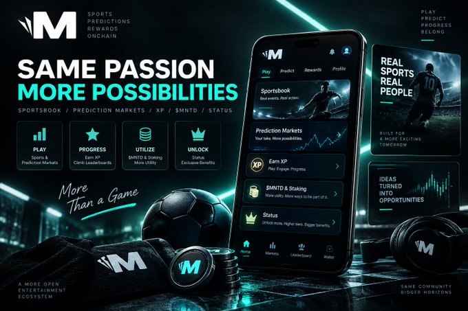Promotional banner for an 'M' sports platform with the tagline 'SAME PASSION MORE POSSIBILITIES,' featuring sportsbook, prediction markets, XP, $MNTD token, and status features, alongside phone mockup screens showing Play, Predict, Rewards, and Profile sections.