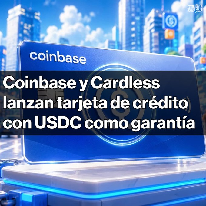 The image features a blue coinbase card that has been placed on top of two white platforms. The text on the card reads "Coinbase y Cardless lanzan tarjeta de crédito respaldada por USDC La nueva tarjeta permite a usuarios sin acceso a crédito stablecoins como garantía". This suggests that the coinbase card is offering a new way to make transactions, possibly with a credit limit or other benefits. The image also includes text in Spanish and English, which may provide additional information about the card's features or instructions for using it.