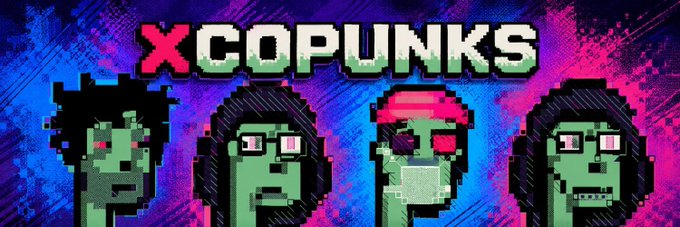 Pixel art banner titled 'XCOPUNKS' featuring four green-skinned zombie-like punk characters against a vibrant blue and pink splattered background.