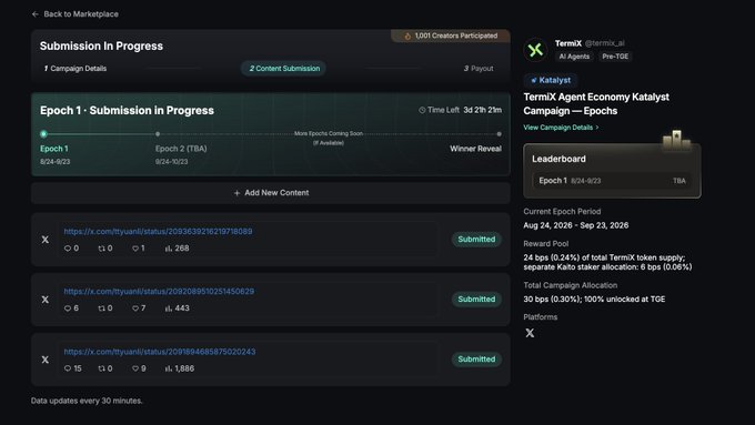 A screenshot of a Katalyst submission page for the TermiX Agent Economy campaign, showing submitted content links and epoch progress.