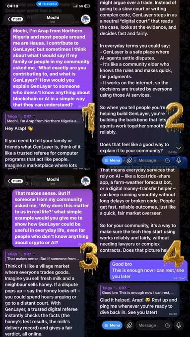 A four-panel numbered screenshot of a Telegram conversation with 'Mochi' discussing GenLayer, cryptocurrency, blockchain, and AI, with the AI explaining it as a marketplace where users verify information like a digital court.