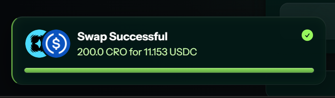 A confirmation banner reads 'Swap Successful' showing '200.0 CRO for 1153 USDC' with a green checkmark.