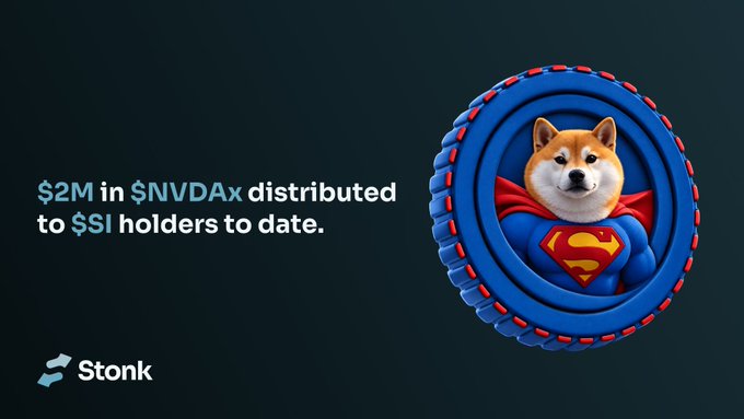 The image displays the text "$2M in $NVDAx distributed to $SI holders to date" alongside a Shiba Inu mascot dressed in a Superman costume, reinforcing the post's message that over $2,000,000 worth of $NVDAx has been distributed to $SI (Super Intelligence) token holders. The "Stonk" logo in the bottom left suggests this distribution is part of a promotional campaign tied to the meme coin ecosystem.