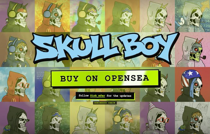 Promotional graphic for "SKULL BOY" NFT collection featuring various skull-headed hooded character designs, with a "BUY ON OPENSEA" button and "follow @ink.mfer for the updates" / "ROSEWOOD CHAIN" text.