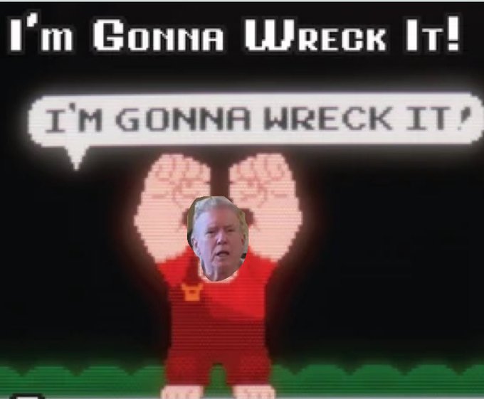 A meme featuring a pixelated red figure declaring 'I'M GONNA WRECK IT!' with a speech bubble, where a man's face has been photoshopped over the figure's head.
