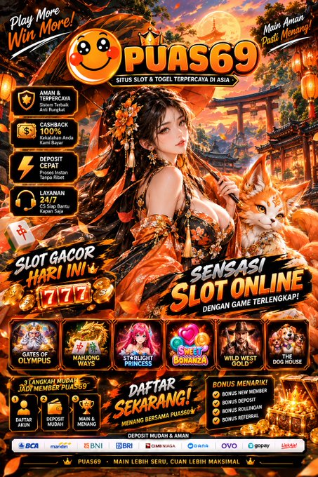 This is a promotional banner for 'PUAS69', an online slot and togel gambling site in Asia, featuring Asian-themed imagery, game titles like 'Gates of Olympus' and 'Sweet Bonanza', and various payment method logos.