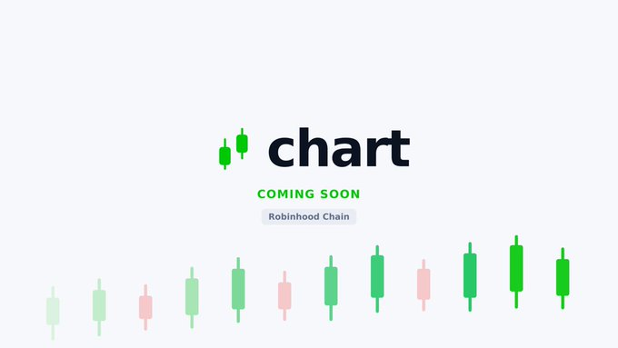 A promotional graphic for 'chart' on Robinhood Chain with 'COMING SOON' text, featuring a green candlestick chart pattern at the bottom.