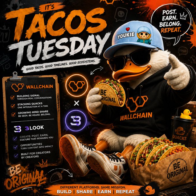 The image features a cartoon duck wearing sunglasses and holding up two tacos with one hand while giving a thumbs-up sign with the other. The background of the image has text that reads "It's TACOS TUESDAY" and "Good tacos, good times". There are also some logos for Wallchain and @3look_io in the image.