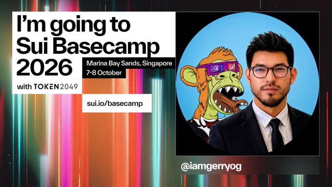 Promotional banner announcing attendance at 'Sui Basecamp 2026' at Marina Bay Sands, Singapore on 7-8 October with 'TOKEN2049', featuring the handle '@iamgeryog' and a cartoon monkey wearing sunglasses.