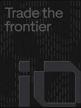 A dark card with the text 'Trade the frontier' and a stylized 'iD' logo.