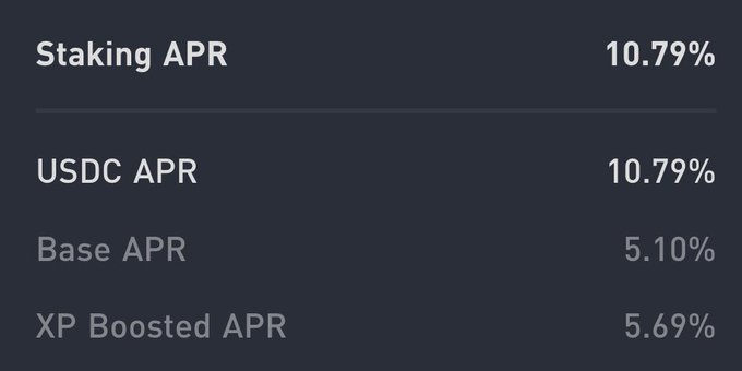 The image displays a staking APR breakdown for WOO showing a total 10.79% Staking APR, composed of 10.79% USDC APR, 5.10% Base APR, and 5.69% XP Boosted APR. This directly supports the post's message highlighting strong yields for $WOO stakers, encouraging users to stake WOO and deposit assets like USDC into WOOFi Earn.