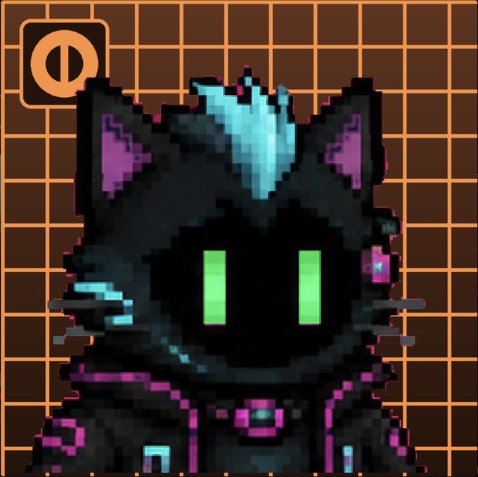 Pixel art of a black cat with glowing green eyes and blue/purple cyberpunk accents against a brown grid background, featuring a logo in the upper left corner.
