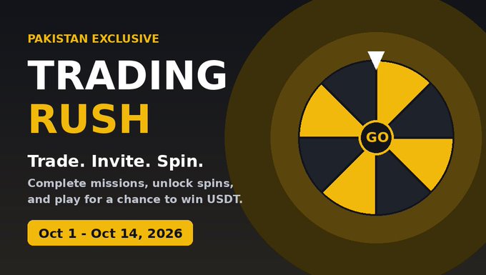 A promotional banner for 'TRADING RUSH' marked as 'PAKISTAN EXCLUSIVE', featuring a spinning wheel with 'GO' center, and text reading 'Trade. Invite. Spin. Complete missions, unlock spins, and play for a chance to win USDT. Oct 1 - Oct 14, 2026'.