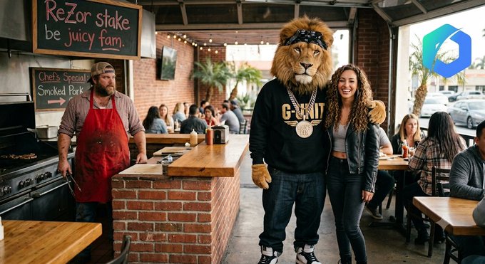 Inside a restaurant, a person in a lion mascot costume wearing a chain and G-Unit shirt poses with a woman, while a chef in a red apron stands nearby under signs reading 'ReZor stake be juicy fam' and 'Chef's Special Smoked Pork'.