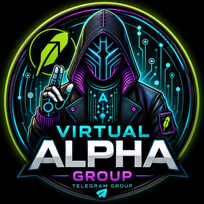 A cyberpunk-style logo for "Virtual Alpha Group" featuring a hooded figure in a futuristic neon mask with circuit board patterns, surrounded by glowing cyan and magenta accents. The image serves as branding for the Telegram group promotion, with a Telegram paper plane icon and the text "Virtual Alpha Group – Telegram Group" reinforcing the call to join via t.me.