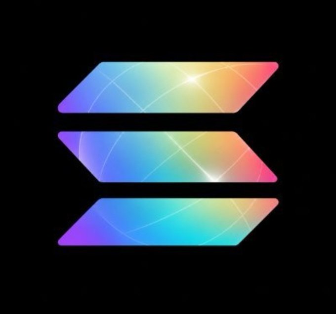 The Solana logo (three stacked, angled parallelogram bars) is displayed in a rainbow gradient, visually representing the "world" 🌎 through its colorful, globe-like color spectrum.