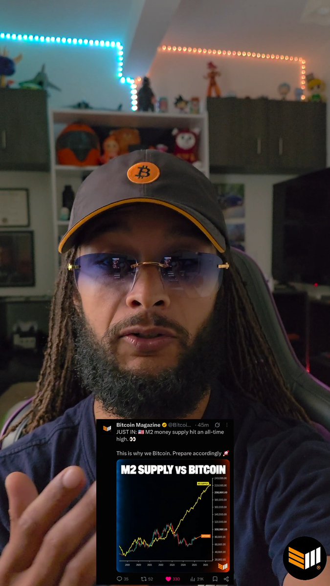 a man wearing a Bitcoin cap and sunglasses speaks to the camera, with an overlaid tweet from "Bitcoin Magazine" showing a chart titled "M2 SUPPLY vs BITCOIN"