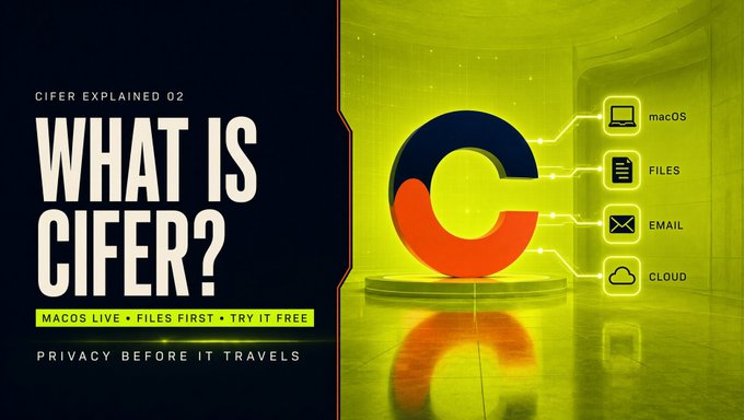 A promotional graphic for 'CIFER' titled 'WHAT IS CIFER?' with the subtitle 'MACOS LIVE • FILES FIRST • TRY IT FREE' and 'PRIVACY BEFORE IT TRAVELS,' highlighting features for macOS, Files, Email, and Cloud.