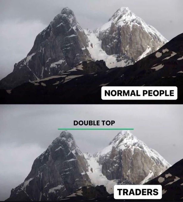 A two-panel meme using the same mountain photo: the top image is labeled "NORMAL PEOPLE" showing two peaks naturally, while the bottom image is labeled "TRADERS" with an added green line connecting the peaks and labeled "DOUBLE TOP," illustrating a technical chart pattern.