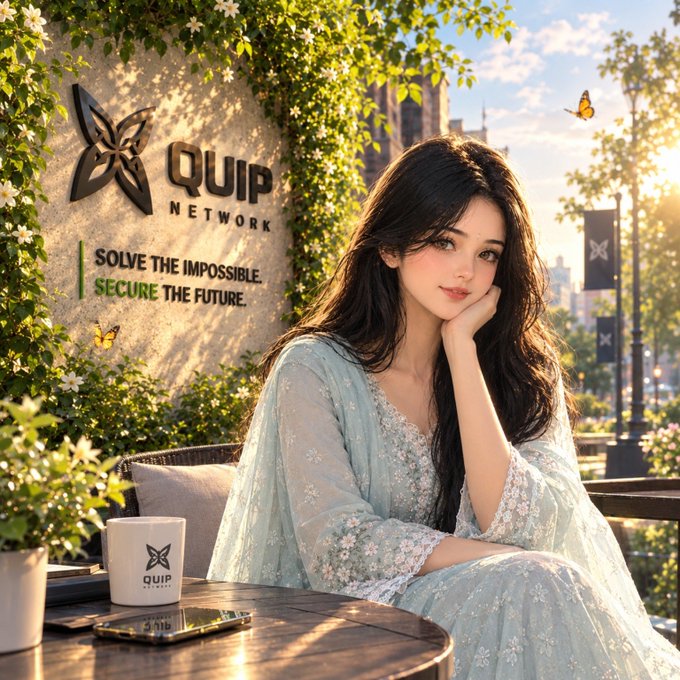 An AI-generated image shows a young woman with long dark hair sitting at an outdoor cafe table, with a wall sign reading 'QUIP NETWORK - SOLVE THE IMPOSSIBLE. SECURE THE FUTURE.' behind her.