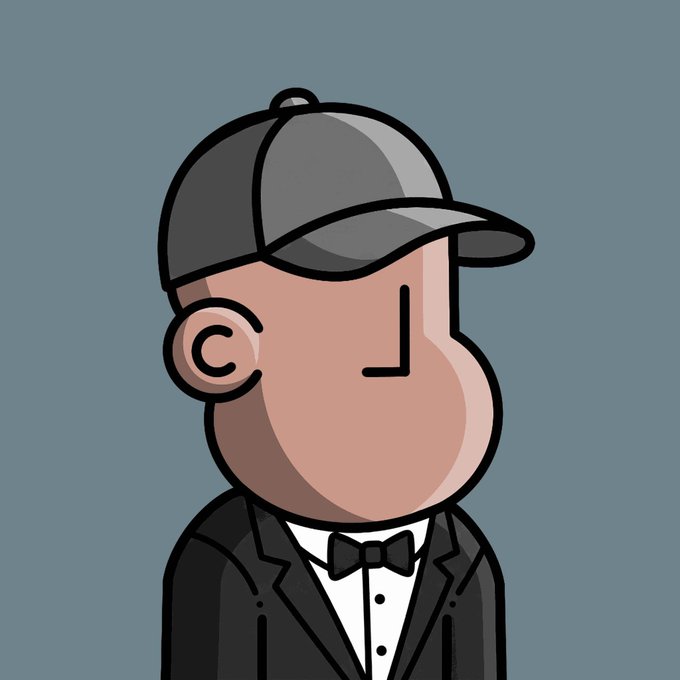 A cartoon illustration of a faceless man with a beard, wearing a black baseball cap and a black tuxedo with a white shirt and bow tie, set against a blue background.