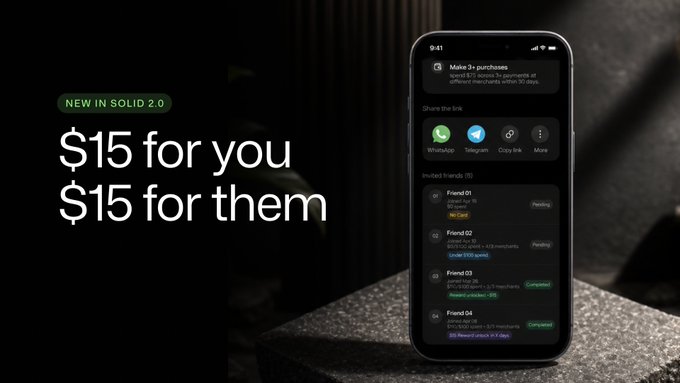 A promotional image announcing a new update to "Solid 2.0" featuring the text "$15 for you, $15 for them" alongside a smartphone displaying the app's referral tracking screen, which shows pending and completed invites from friends 1-4, reinforcing the post's message about increased referral rewards and the new in-app tracking feature.