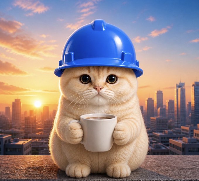 A cute, fluffy cream-colored cat wearing a blue construction hard hat and holding a white coffee mug, sitting against a sunset city skyline backdrop.