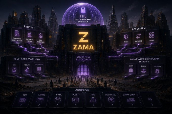 A dark futuristic infographic for Zama featuring a 'Z' logo at the center, with sections labeled 'PRODUCT' (Confidential Smart Contracts, Confidential Tokens, Data Confidentiality), 'ECOSYSTEM' (Wallet, Exchange, DAPPS), 'DEVELOPER ECOSYSTEM', 'ZAMA DEVELOPER PROGRAM SEASON 3', and 'ADOPTION' categories like DeFi, Gaming, AI/ML, and Healthcare.