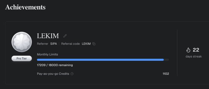 The image shows an "Achievements" profile card for user "LEKIM" (Referrer SIPA, Referral code LEKIM) at Pro Tier, displaying 17,209 of 18,000 monthly limits remaining, 1,102 pay-as-you-go credits, and a 22-day streak. This illustrates the trade-off discussed in the post between data-rich platforms like DefiLlama and polished AI crypto products—one user engagement metric shows how platforms are gamifying user interaction while balancing action-oriented UX with underlying data constraints.