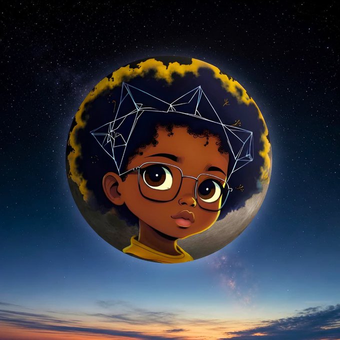 The image features a cartoon girl with glasses, wearing a crown, and looking up at the sky. The girl appears to be floating or flying through space, giving off an impression of being in outer space. The background of the image is filled with stars, creating a sense of depth and vastness. The caption below the image reads "In the search for the next 10,000X and high conviction project!! I found #afro token #StateOfLumina @afro tokenSUN @mitropluslabs @IvaibiFesto @trondao @mitropluslabs @justinsuntron @cz_binance".
