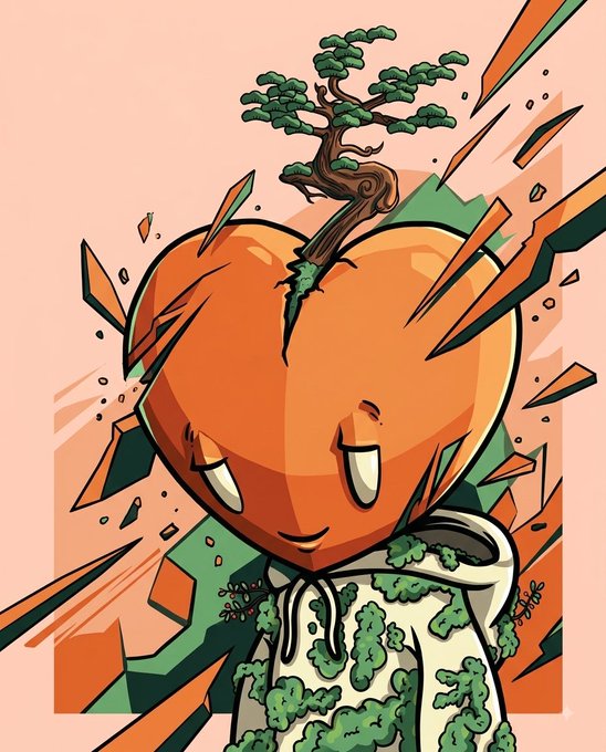 A stylized illustration of a heart-shaped orange character with a bonsai tree growing from its top, breaking through a hoodie covered in green moss-like patches.
