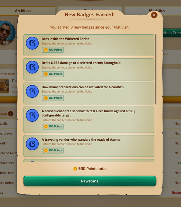 A video game UI popup titled "New Badges Earned!" showing 9 badges worth 100 points each (totaling 900 points) for achievements like "Boss inside the Withered Shrine," "Deals 6,666 damage to a selected enemy Stronghold," and "A traveling vendor who wanders the roads of Axoma."