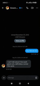 A screenshot of an anonymous messaging app chat showing a message that reads 'I can't talk about it but yeah great com. definitely a runner this cycle.'