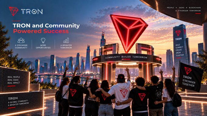 A promotional graphic for 'TRON' titled 'TRON and Community Powered Success' showing a group of people in TRON-branded shirts standing before a futuristic city skyline at sunset with a large TRON logo monument.