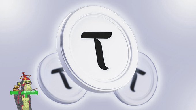 Three white coins bearing a black 'T' symbol float against a pale background, with a small character image and '@mekalotr' watermark in the corner.