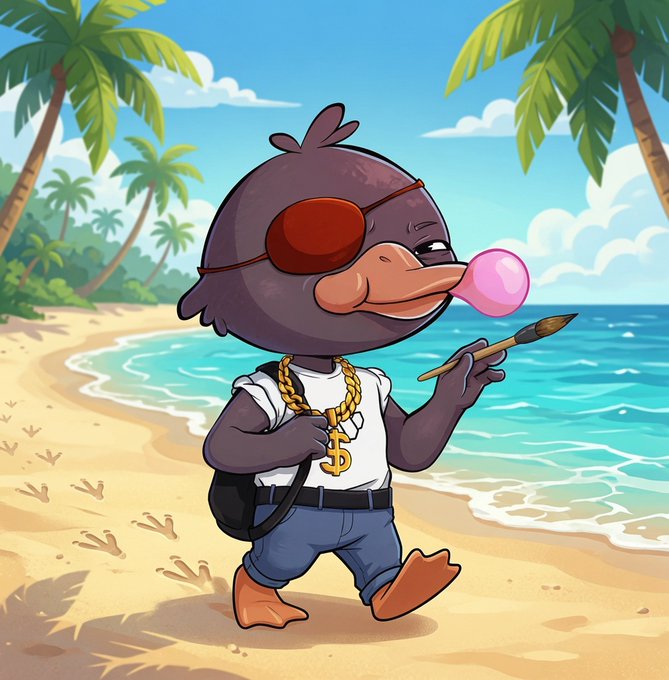 A cartoon bird wearing an eye patch blows a pink bubblegum bubble while strolling along a sunny beach in sandals, gold chain, and jeans—holding a paintbrush—evoking a resilient, resourceful survivor who adapts and keeps moving forward despite setbacks, mirroring how the community continued its activity through alternative channels after the main account was suspended.